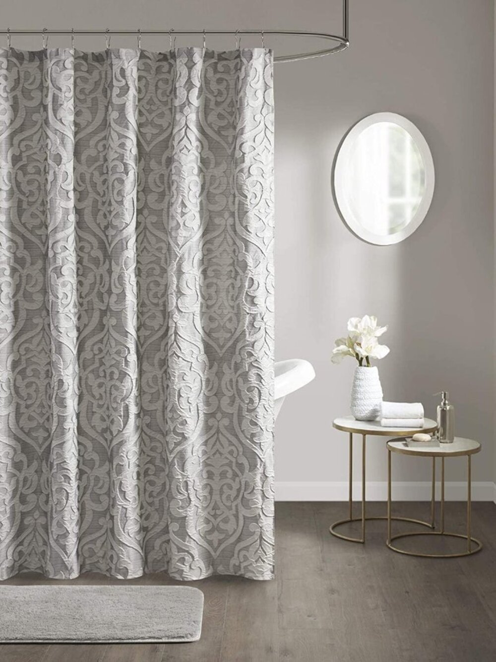 Odette Fabric Shower Curtain Luxe Textured Jacquard, Damask Medallion Machine Wa
